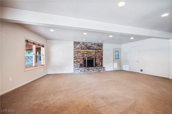 Empty room, Fireplace, Interior, Recessed Lighting, Stone Walls