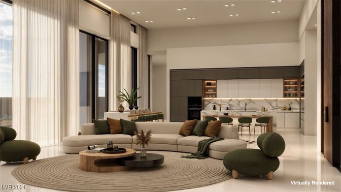 Interior, Kitchen, Living room, Marble Walls, Recessed Lighting