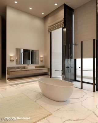 Bathroom, Free Standing Baths, Interior, Marble, Recessed Lighting