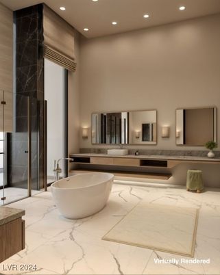 Bathroom, Dual Sink Vanities, Free Standing Baths, Interior, Marble, Recessed Lighting