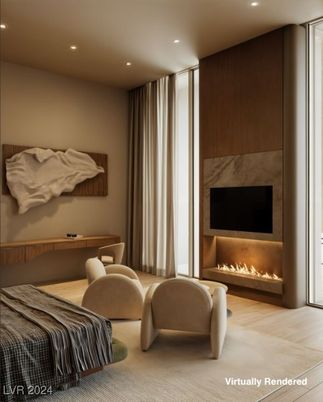 Bedroom, Fireplace, Interior, Recessed Lighting, Wood Texture Flooring