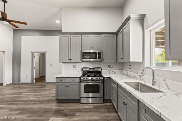 Interior, Kitchen, Recessed Lighting, Stainless Steel Appliances, Wood Texture Flooring