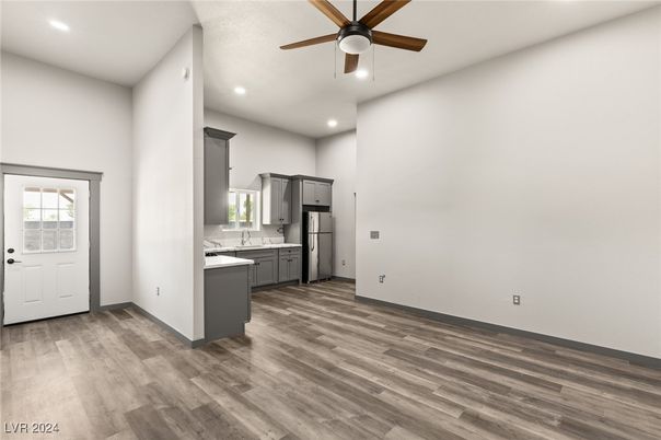 Empty room, Interior, Kitchen, Recessed Lighting, Wood Texture Flooring