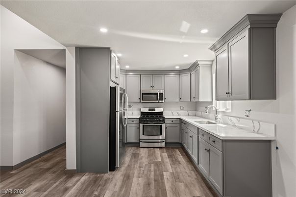 Interior, Kitchen, Recessed Lighting, Stainless Steel Appliances, Wood Texture Flooring