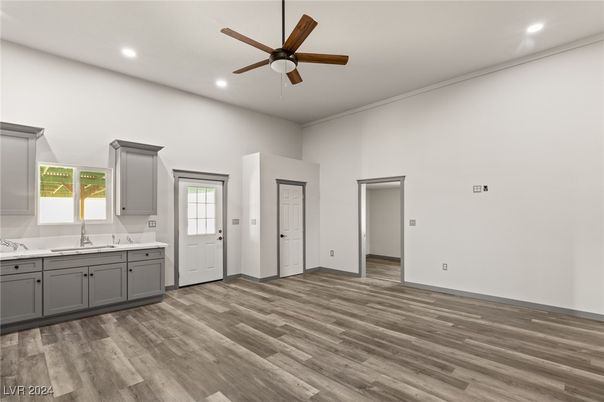 Empty room, Interior, Kitchen, Recessed Lighting, Wood Texture Flooring