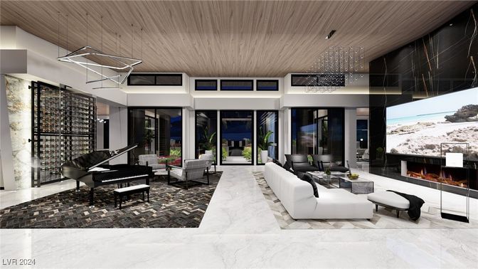 Fireplace, Interior, Living room, Marble, Pendant Lights, Piano