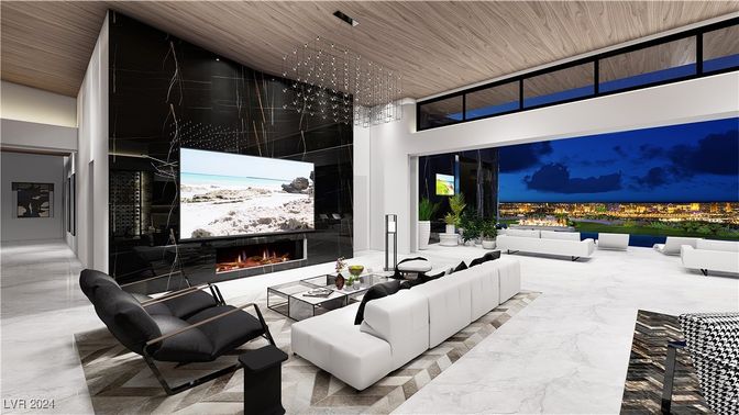 Fireplace, Interior, Living room, Marble, Marble Walls, Pendant Lights, Wooden Ceilings