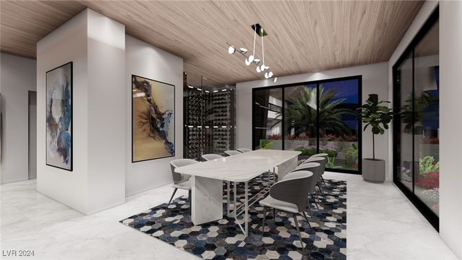 Dining room, Interior, Pendant Lights, Wine Storage, Wooden Ceilings