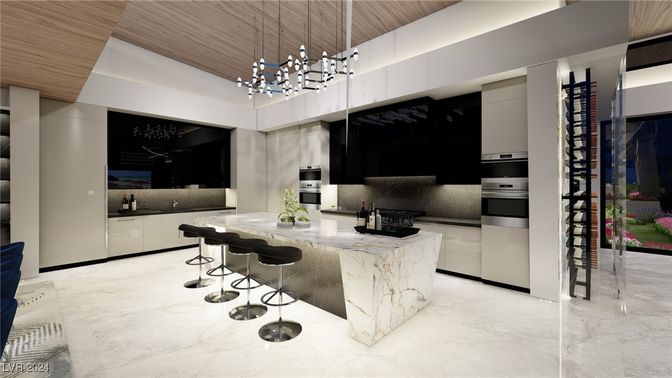 Interior, Kitchen, Marble, Pendant Lights, Stainless Steel Appliances, Wooden Ceilings