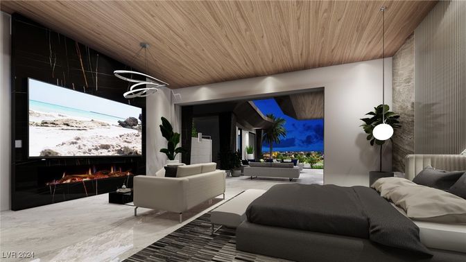 Fireplace, Interior, Living room, Pendant Lights, Wooden Ceilings