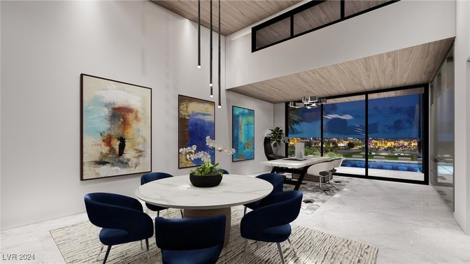 Dining room, Interior, Marble, Pendant Lights, Wooden Ceilings