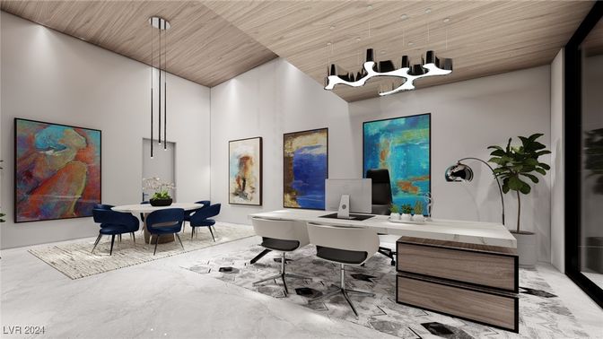 Home Office, Interior, Marble, Pendant Lights, Wooden Ceilings