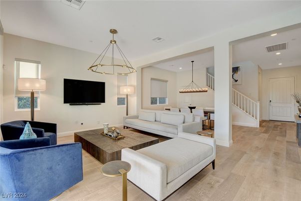 Dining room, Interior, Living room, Pendant Lights, Recessed Lighting, Wood Texture Flooring