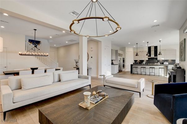 Chandelier, Interior, Kitchen, Living room, Pendant Lights, Recessed Lighting, Wood Texture Flooring