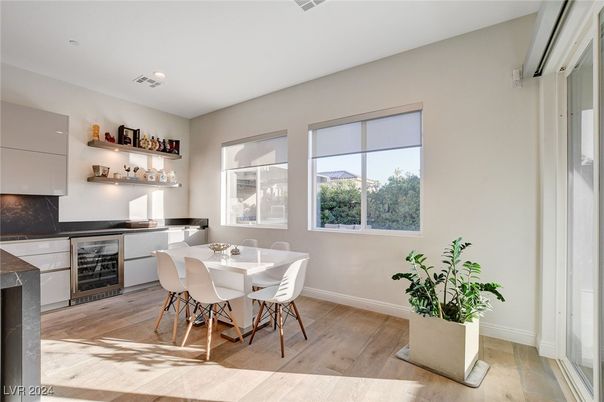 Dining room, Interior, Recessed Lighting, Wood Texture Flooring