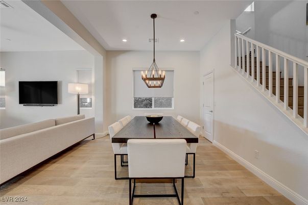 Dining room, Interior, Pendant Lights, Recessed Lighting, Wood Texture Flooring