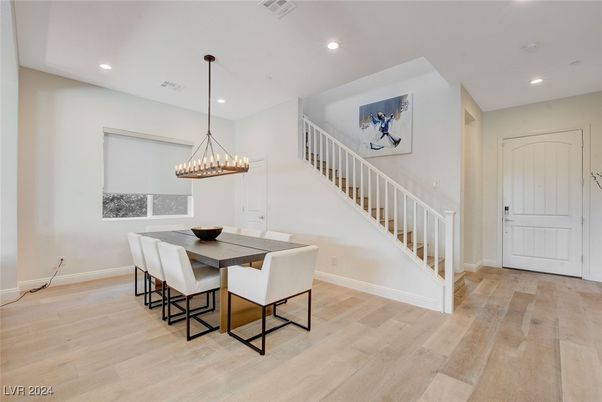 Chandelier, Dining room, Interior, Pendant Lights, Recessed Lighting, Wood Texture Flooring