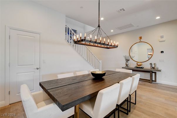 Dining room, Interior, Pendant Lights, Recessed Lighting, Wood Texture Flooring