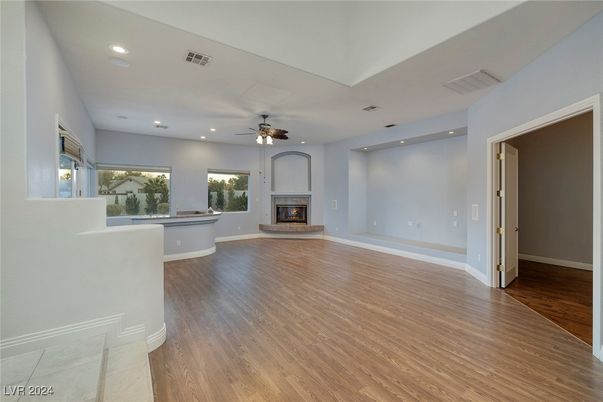 Empty room, Fireplace, Interior, Recessed Lighting, Wood Texture Flooring