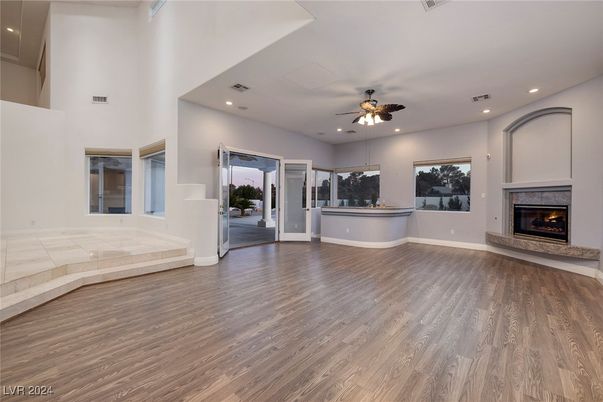 Empty room, Fireplace, Interior, Recessed Lighting, Wood Texture Flooring