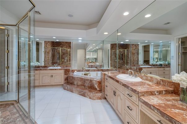 Bathroom, Dual Sink Vanities, Glass Shower, Interior, Recessed Lighting