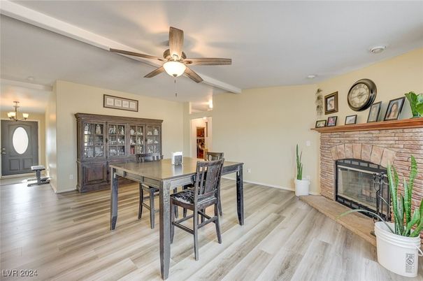 Dining room, Fireplace, Interior, Wood Texture Flooring