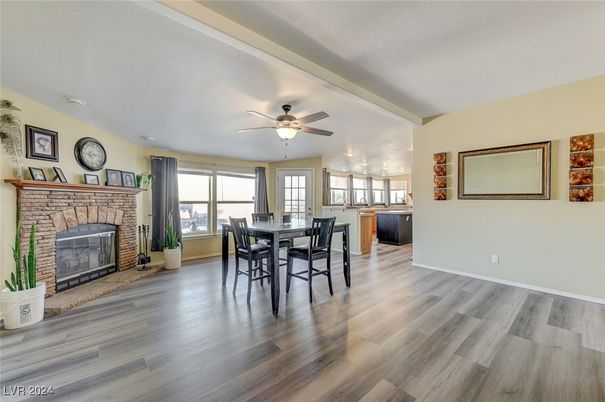Dining room, Fireplace, Interior, Wood Texture Flooring