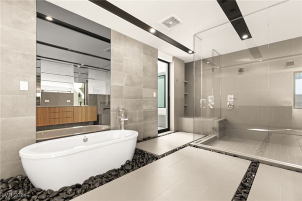 Bathroom, Free Standing Baths, Glass Shower, Interior, Recessed Lighting