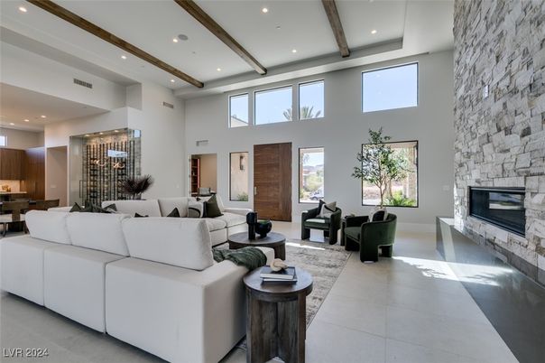 Dining room, Fireplace, Interior, Living room, Recessed Lighting, Stone Walls, Wooden Beams