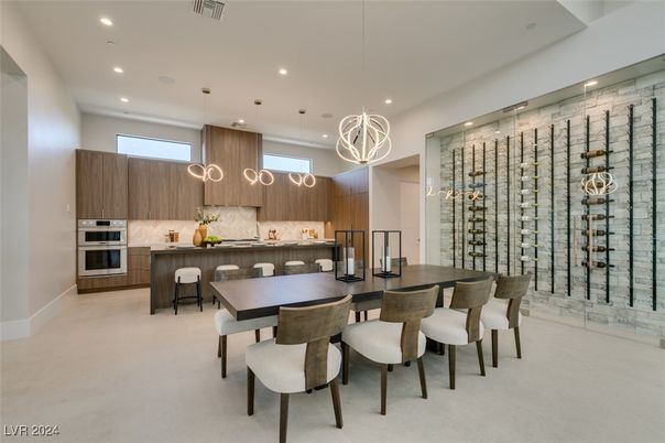 Dining room, Interior, Kitchen, Pendant Lights, Recessed Lighting, Stainless Steel Appliances, Wine Storage
