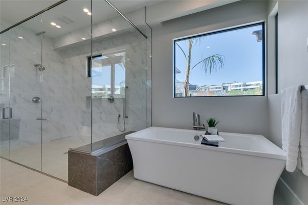 Bathroom, Free Standing Baths, Glass Shower, Interior, Marble Walls, Recessed Lighting