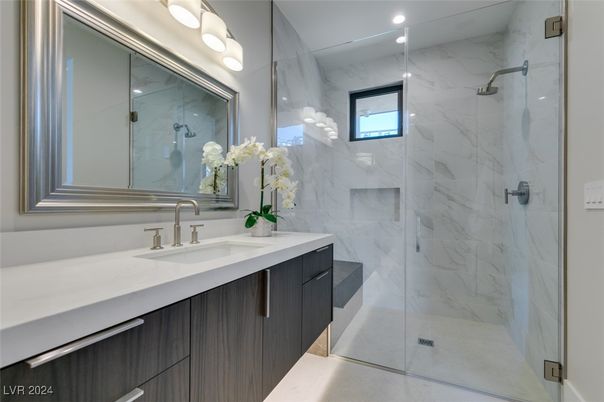 Bathroom, Glass Shower, Interior, Marble Walls, Recessed Lighting
