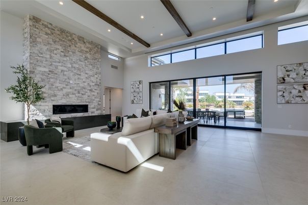 Fireplace, Interior, Living room, Recessed Lighting, Stone Walls, Wooden Beams