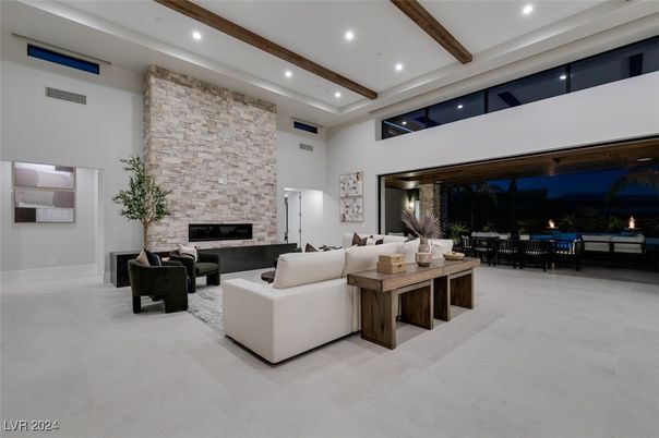 Fireplace, Interior, Living room, Recessed Lighting, Stone Walls, Wooden Beams