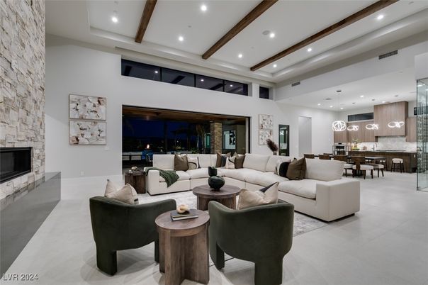 Dining room, Fireplace, Interior, Kitchen, Living room, Pendant Lights, Recessed Lighting, Stone Walls, Wooden Beams