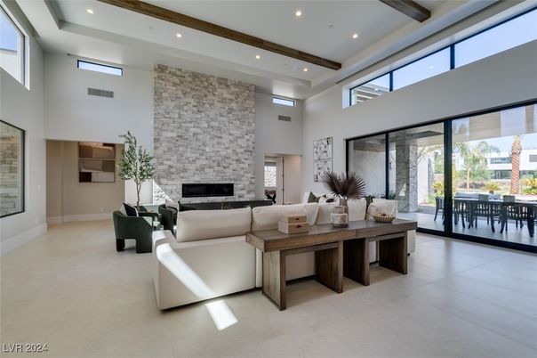 Fireplace, Interior, Living room, Recessed Lighting, Stone Walls, Wooden Beams
