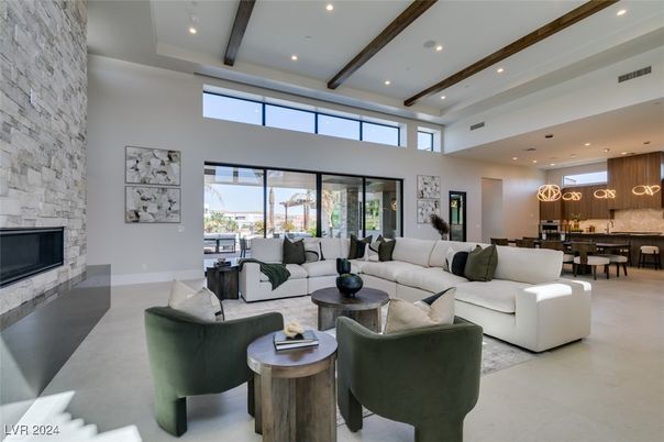 Dining room, Fireplace, Interior, Kitchen, Living room, Pendant Lights, Recessed Lighting, Stone Walls, Wooden Beams