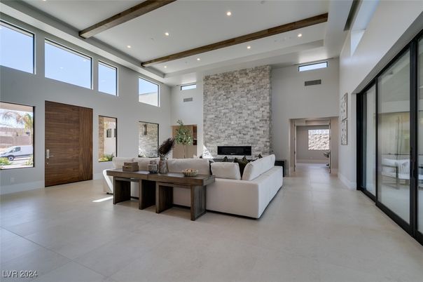 Fireplace, Interior, Living room, Recessed Lighting, Stone Walls, Wooden Beams