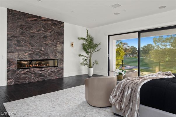 Bedroom, Fireplace, Interior, Recessed Lighting, Wood Texture Flooring