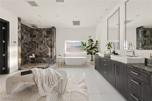 Bathroom, Dual Sink Vanities, Free Standing Baths, Glass Shower, Interior, Recessed Lighting