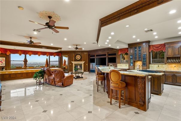 Fireplace, Interior, Kitchen, Living room, Recessed Lighting