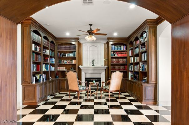 Fireplace, Home Office, Interior, Recessed Lighting, Wooden Walls