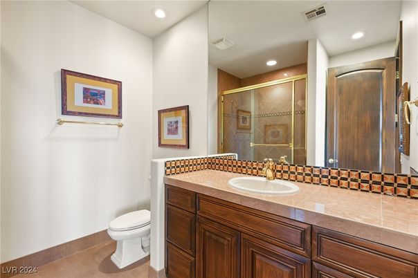Bathroom, Glass Shower, Interior, Recessed Lighting, Tile Countertops