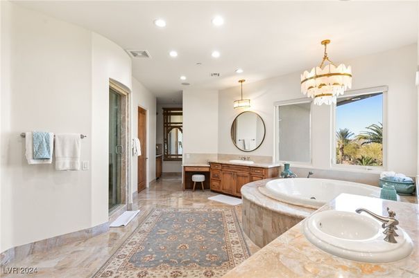 Bathroom, Chandelier, Dual Sink Vanities, Interior, Recessed Lighting