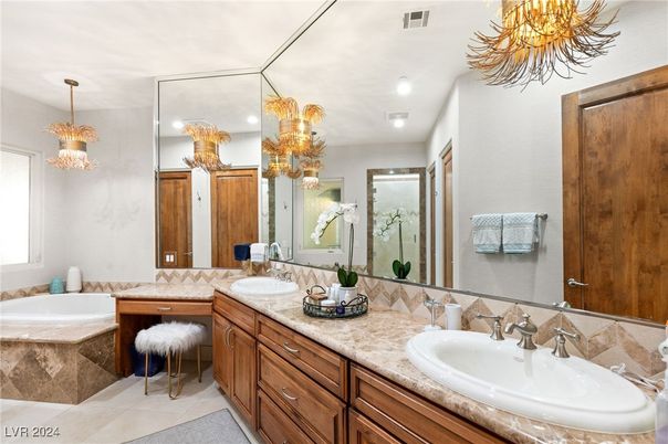Bathroom, Chandelier, Dual Sink Vanities, Interior, Recessed Lighting