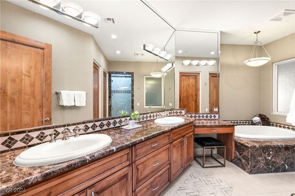Bathroom, Dual Sink Vanities, Interior, Marble, Pendant Lights, Recessed Lighting