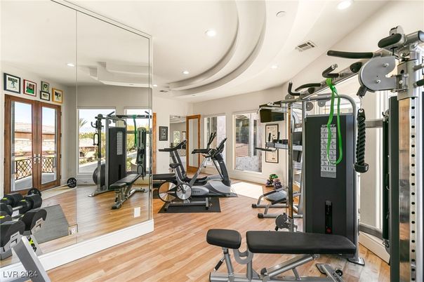Fitness Equipment, Gym, Interior, Recessed Lighting, Wood Texture Flooring