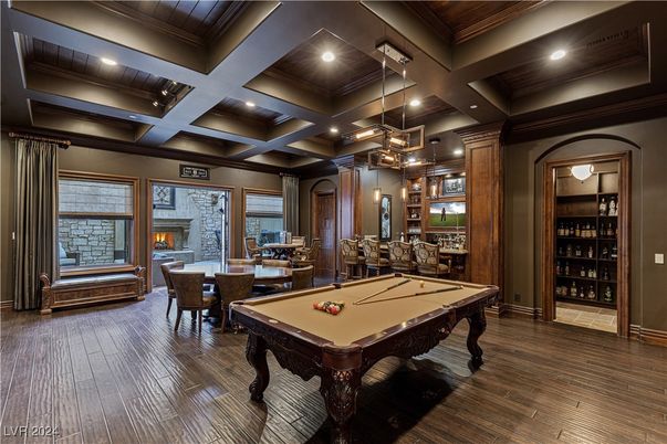 Billiard Table, Dining room, Fireplace, Game Room, Interior, Pendant Lights, Recessed Lighting, Wood Texture Flooring