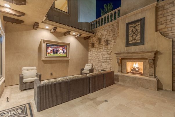 Fireplace, Interior, Recessed Lighting, Stone Walls