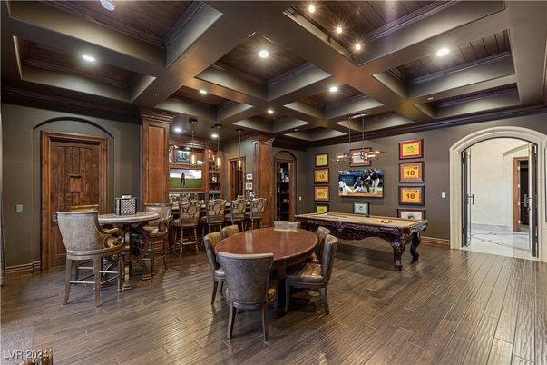 Billiard Table, Game Room, Interior, Pendant Lights, Recessed Lighting, Wood Texture Flooring